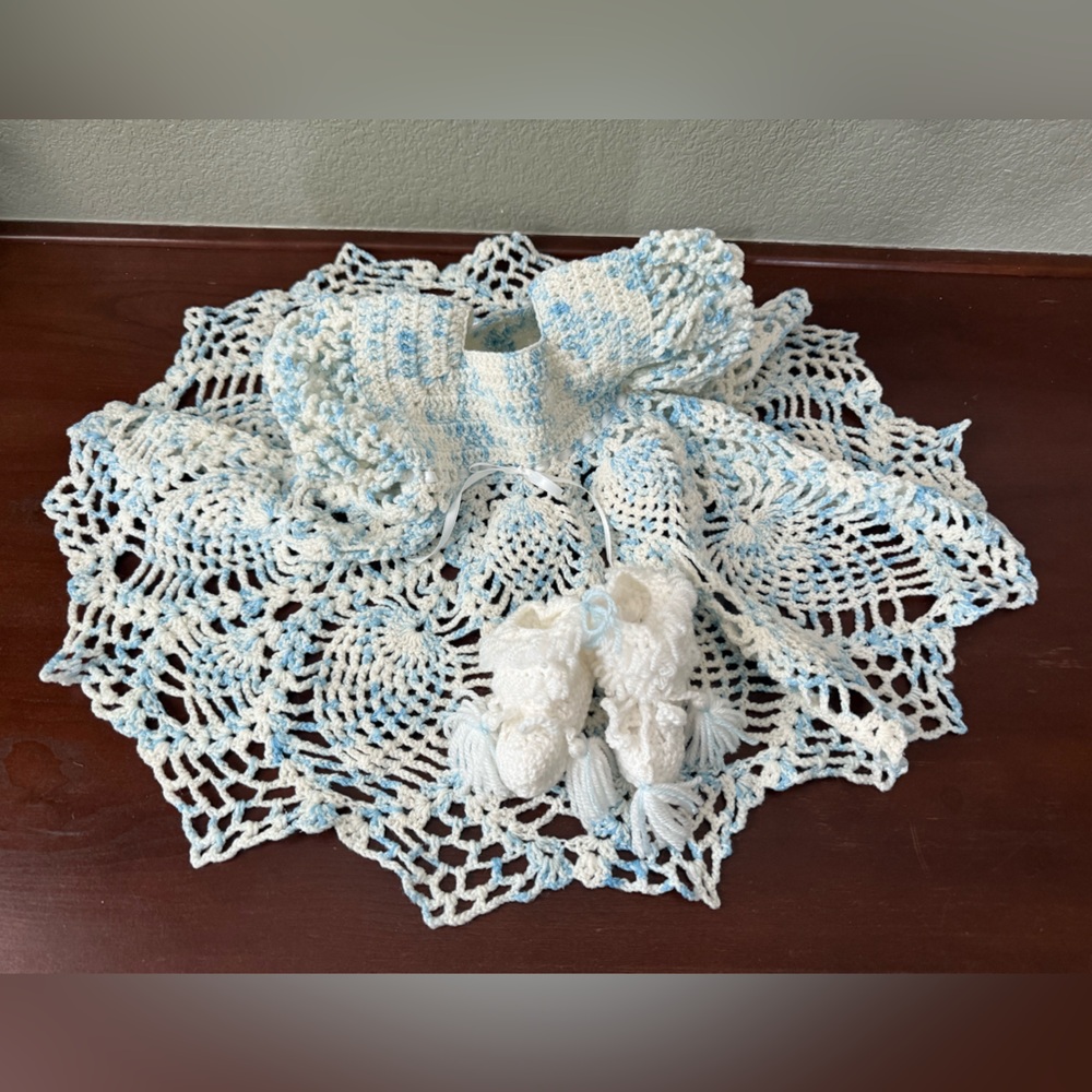 Handmade Crochet Blue and White Easter/Spring Dress with Matching Booties